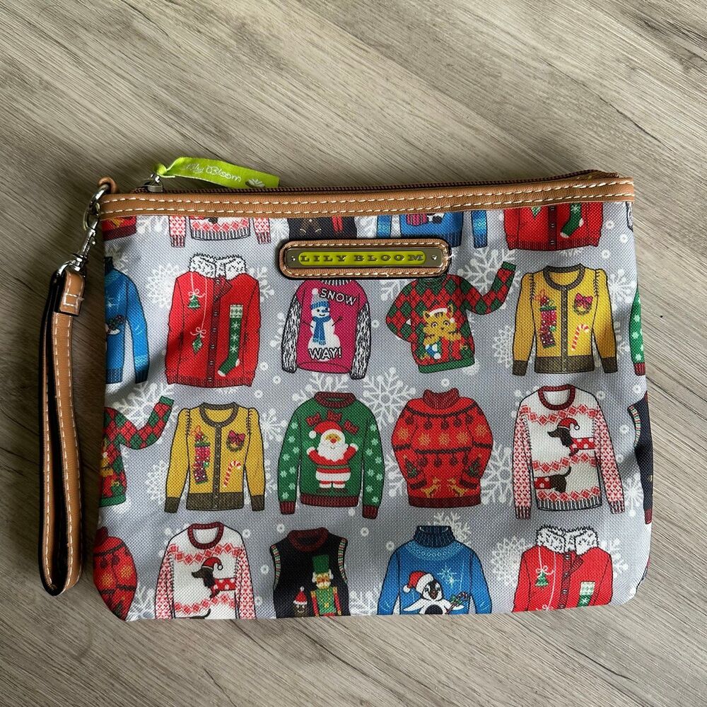 Lily Bloom Festive Holiday Christmas Sweaters Zip Top Wristlet Clutch Pouch